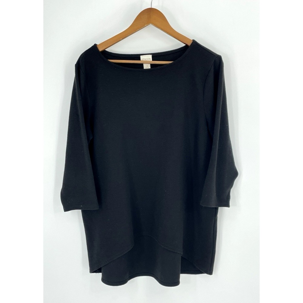 Chicos Womens Size 3 Hi Low Pullover Basic Black Ribbed Sweater Top 3/4 Sleeves